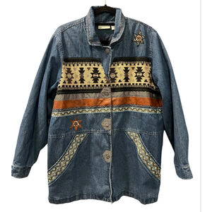 Vintage 220 Hickory Southwestern Denim Coat Size Large 90's Aztec Patchwork Star